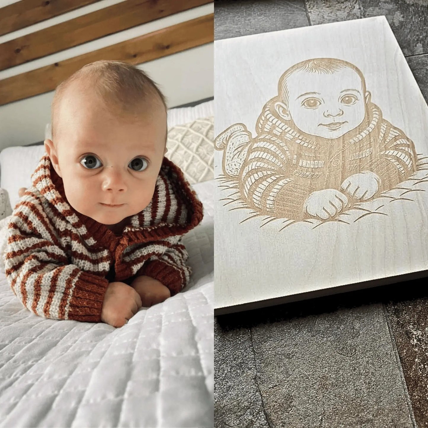 Portrait souvenir illustré sur bois