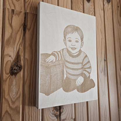 Portrait souvenir illustré sur bois