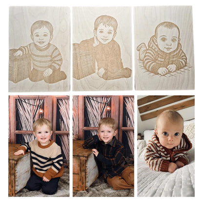 Portrait souvenir illustré sur bois
